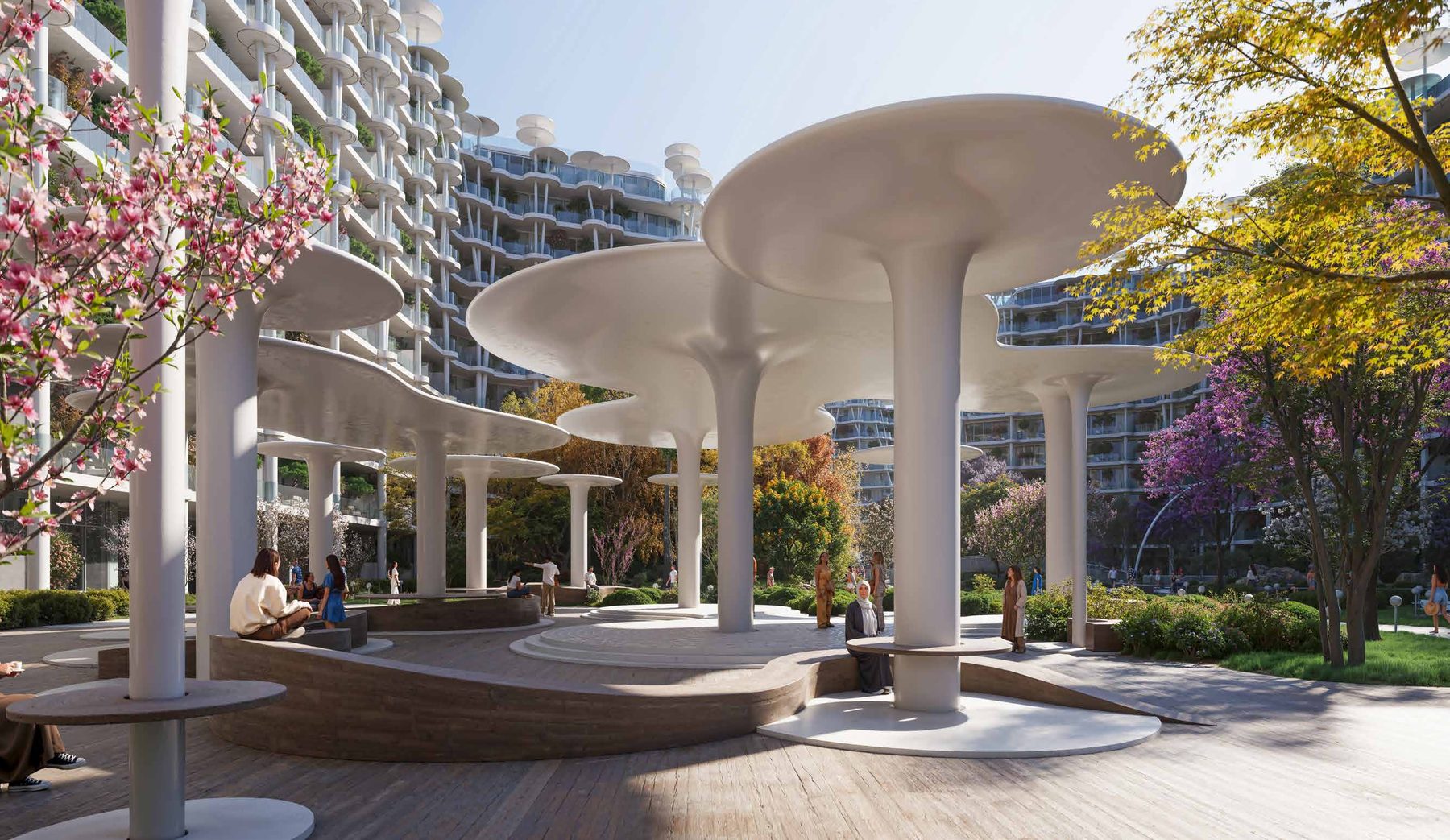 Sculptural shaded seating pavilion in the Sakura Gardens landscape