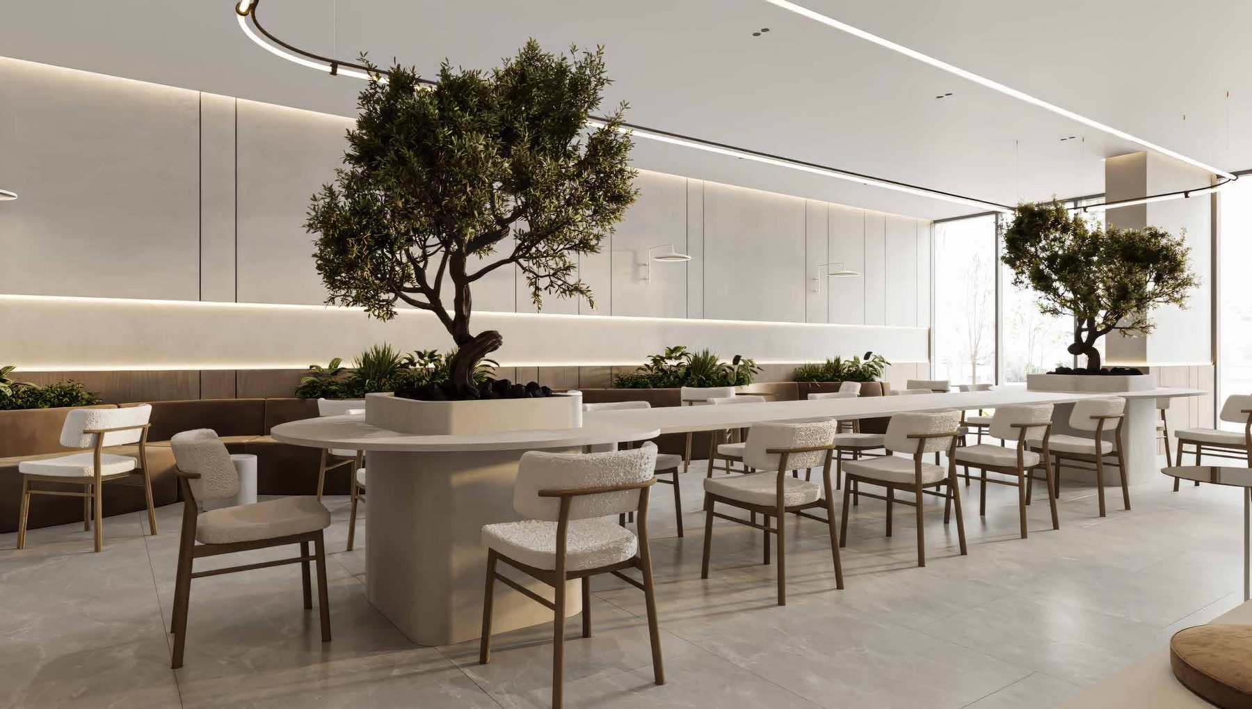 Co-working library with long communal table and indoor trees