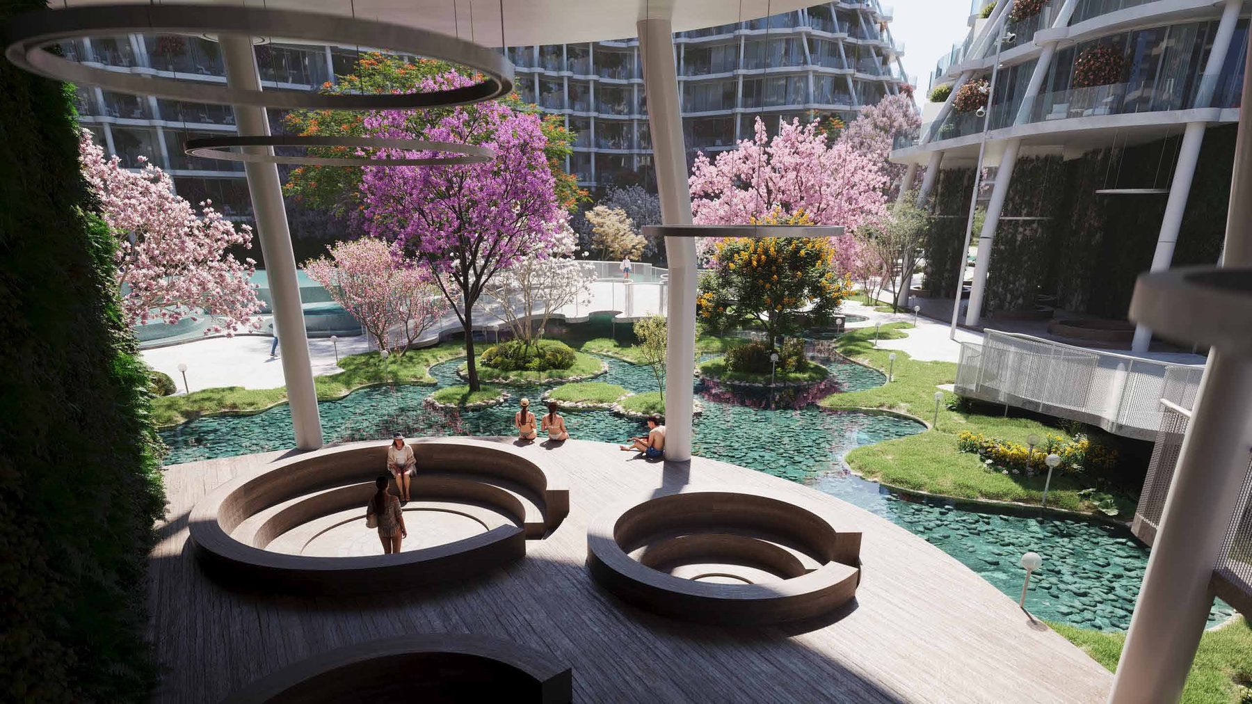 Courtyard seating terraces under mushroom canopies