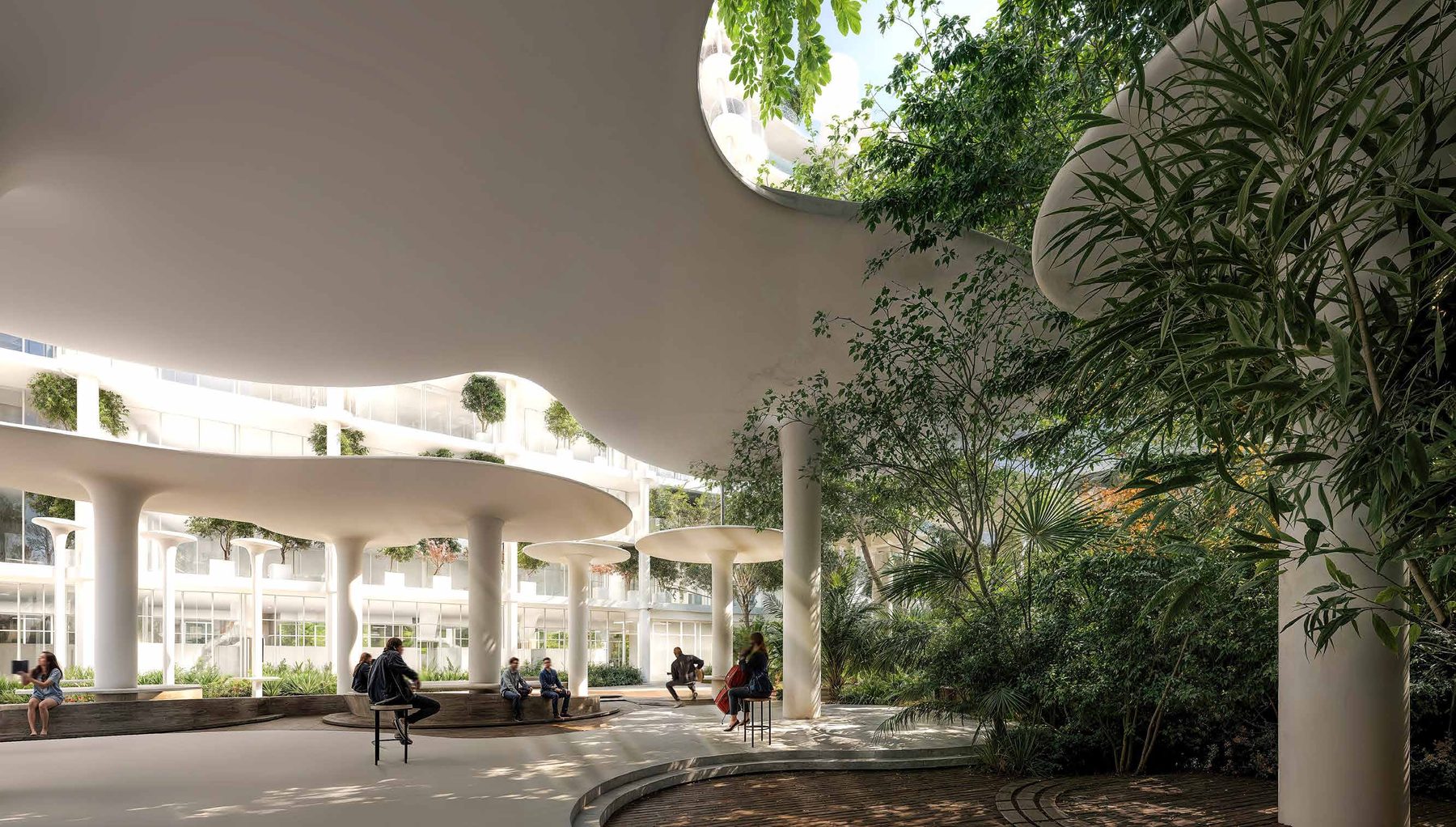 Car-free landscaped ground plane with shaded pavilions at Sakura Gardens