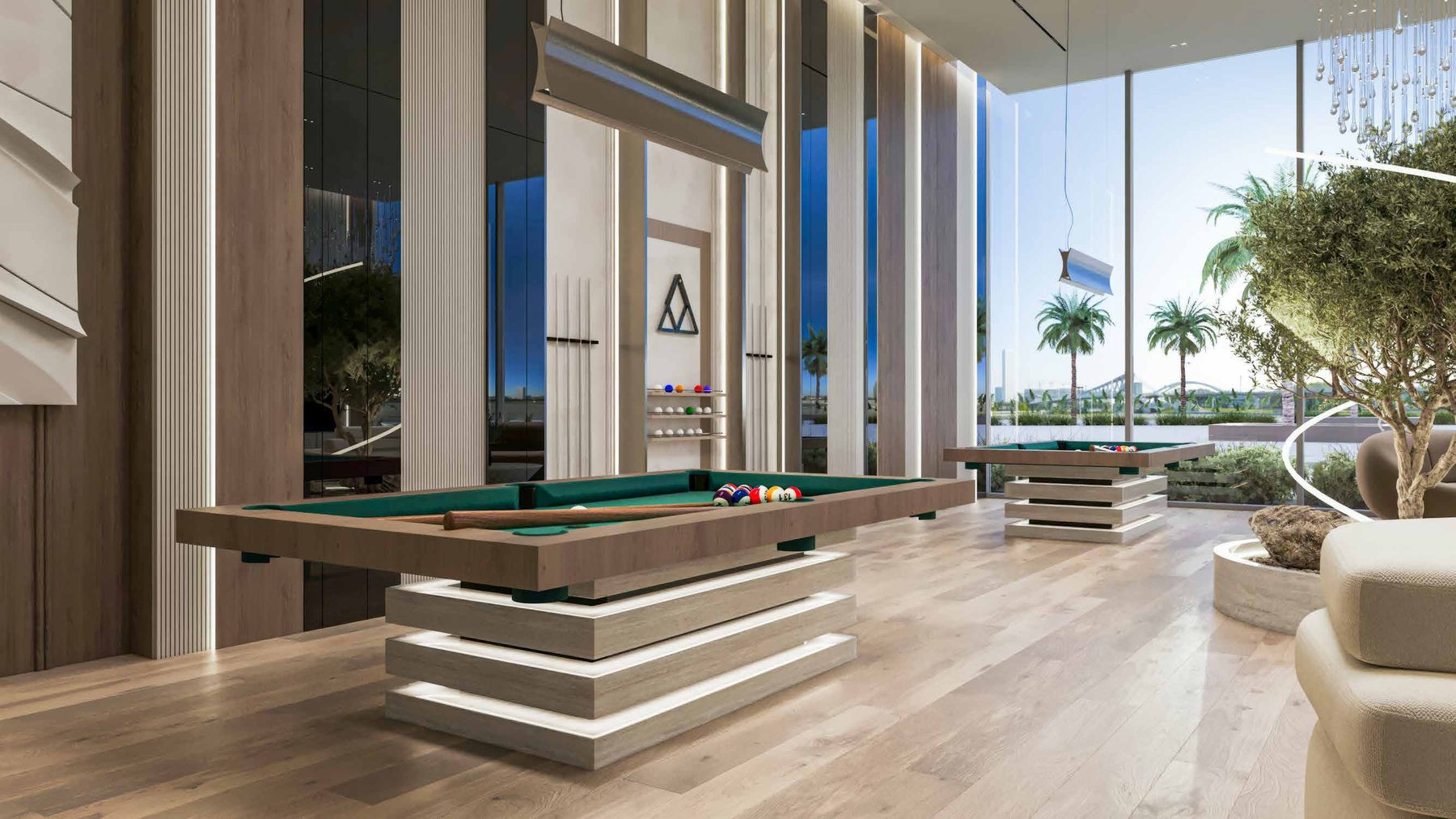 Gaming and billiards lounge with garden views